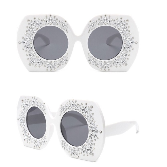 Giant Glam Girl White Rhinestone Encrusted Oversized Sunglasses - Picture 3 of 6